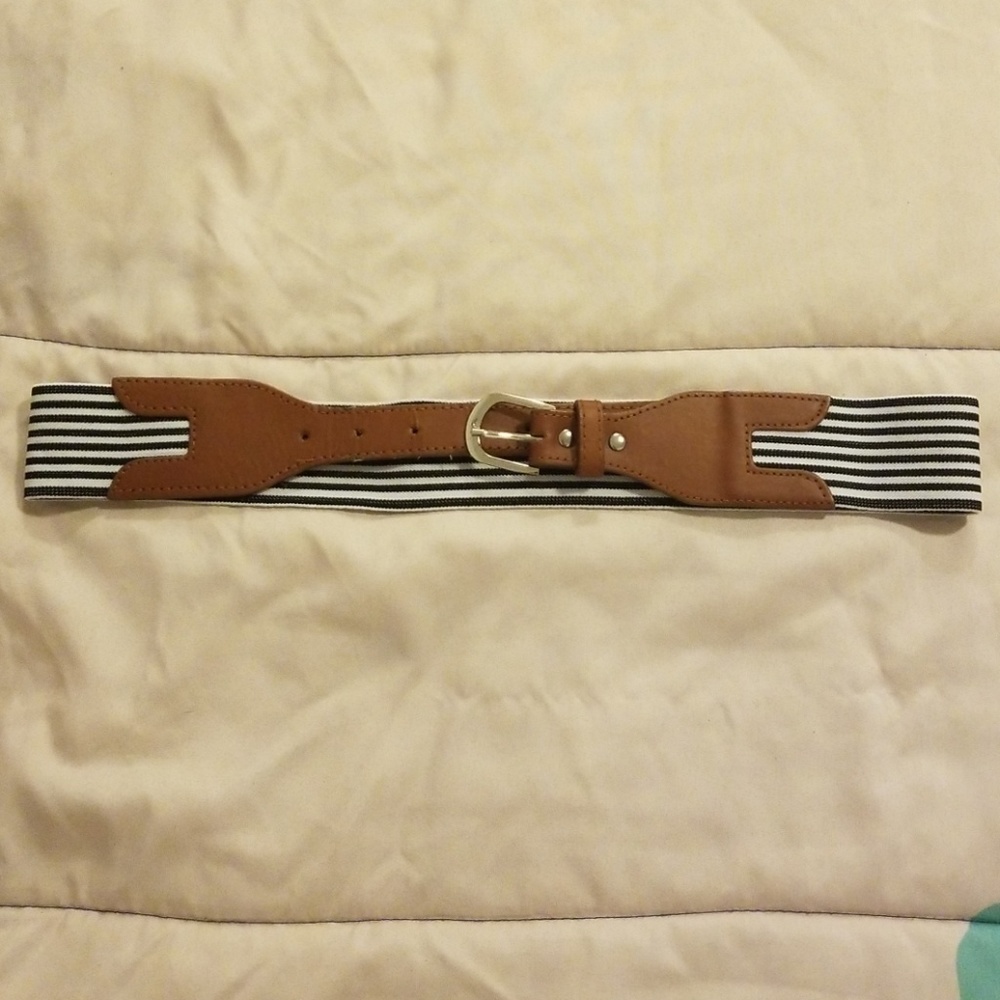 Navy and white striped with tan buckle belt